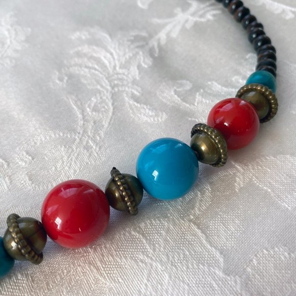 Tibetan Necklace Yak Head, Red Horns, Red and Turquoise Color Beads, Wood Beads - Picture 9 of 9